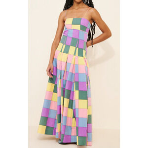 NEW S/W/F ANTHROPOLOGIE BANDEAU SPAGHETTI STRAP CHECK PRINT MAXI DRESS SZ XS